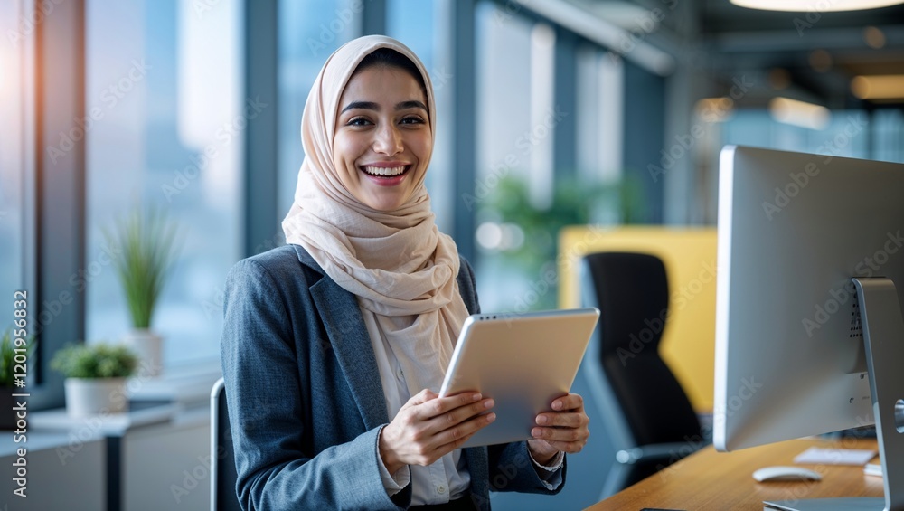 Smiling woman in a hijab holding a tablet in a modern office environment Smiling woman in a hijab holding a tablet in a modern office environment