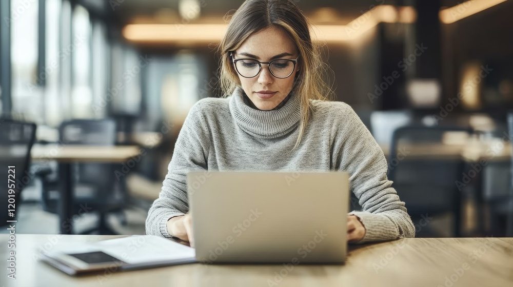 Young Woman Working on a Laptop in a Modern Office Young Woman Working on a Laptop in a Modern Office