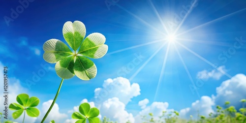 A four-leaf clover in full bloom with vibrant green leaves and delicate white flowers against a bright blue sky , four leaf clover, vierbl?ttriges Kleeblatt photo