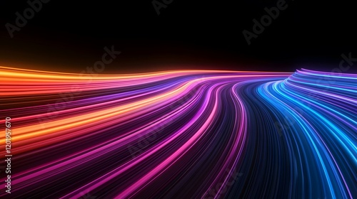 The image contains an abstract rendering of vibrant, glowing lines that curve and flow, creating a sense of movement and speed.  The colors transition smoothly from warm oranges and pinks to cool blu photo