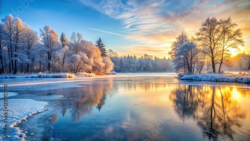 Frozen Forest Landscape at Sunrise , winter, frozen lake,  winter, frozen lake, mountain, serene, forest at sunrise