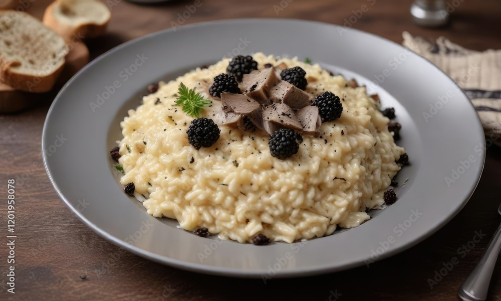 A plate of risotto with shaved black truffle and a sprinkle of parmesan cheese, savory aromas,