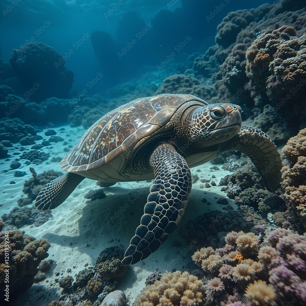 Obraz premium Majestic Sea Turtle Gliding Over a Colorful Coral Seabed in the Ocean
