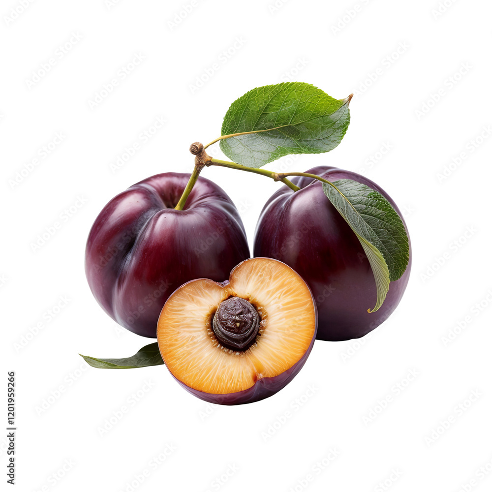 Fototapeta premium Plums: Juicy Red Plums and a Half: Two ripe, dark red plums with one cut open to reveal its juicy, golden flesh and pit, accompanied by fresh green leaves. 