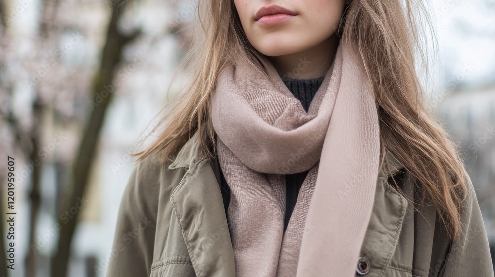 Close-up portrait of a young woman with long blonde hair. she is wearing a beige scarf around her neck and a green jacket. Close-up portrait of a young woman with long blonde hair. she is wearing a beige scarf around her neck and a green jacket.