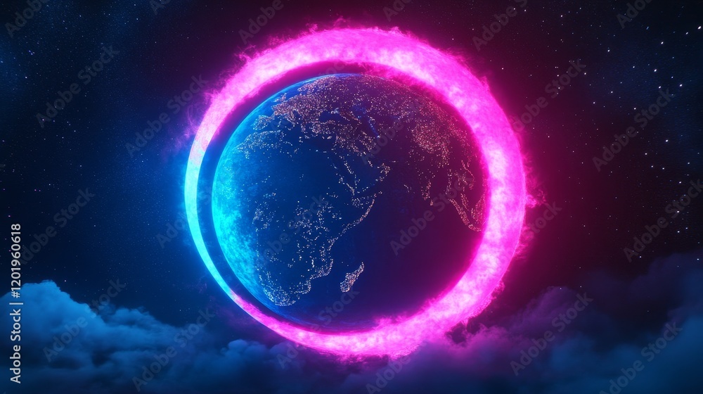 Obraz premium Vibrant Glowing Crescent Around Earth - A vibrant glowing crescent of pink and blue arcs around a detailed Earth, symbolizing energy, technology, connection, hope, and cosmic power.