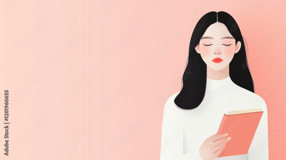 Illustration of a young woman with long black hair and red lipstick. she is wearing a white turtleneck sweater and is holding a red book in her hands. the background is a soft peach color. Illustration of a young woman with long black hair and red lipstick. she is wearing a white turtleneck sweater and is holding a red book in her hands. the background is a soft peach color.