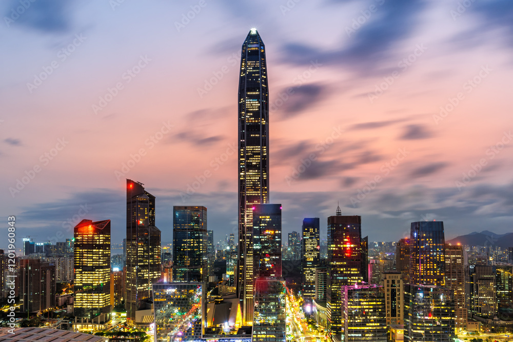 Shenzhen skyline Futian district cityscape with skyscrapers at night in Shenzhen, China