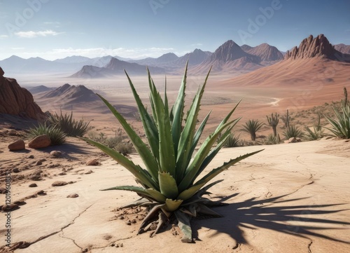 Aloe vera plant in a dry, barren landscape with a distant mountain range, botanical garden, rocky terrain photo