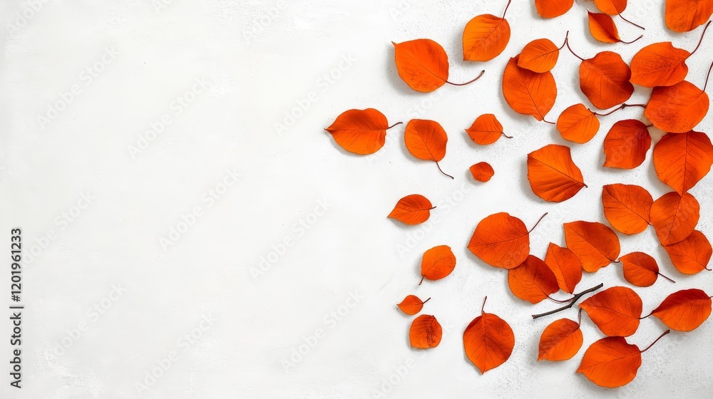 Serene Autumn Leaves Scattered on White - A tranquil image symbolizing autumn, nature, change, tranquility, and beauty. Orange leaves softly scattered across a white background. Serene Autumn Leaves Scattered on White - A tranquil image symbolizing autumn, nature, change, tranquility, and beauty. Orange leaves softly scattered across a white background.