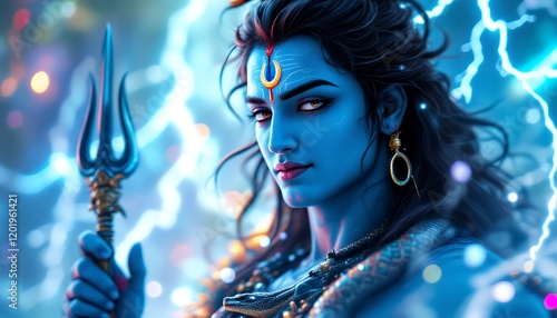 Powerful Blue Lord Shiva Digital Art Hindu God Image