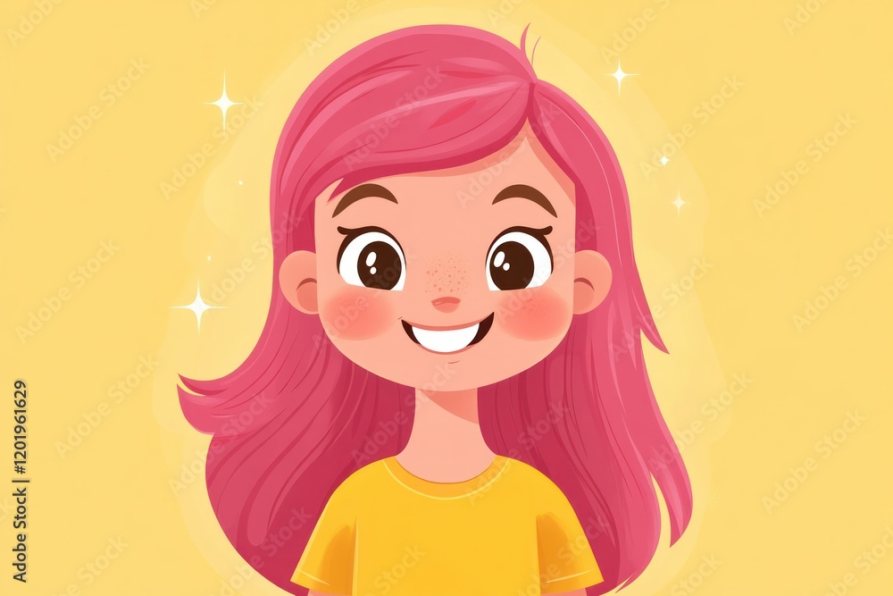 Cheerful Cartoon Character with Pink Hair and Smile Cheerful Cartoon Character with Pink Hair and Smile