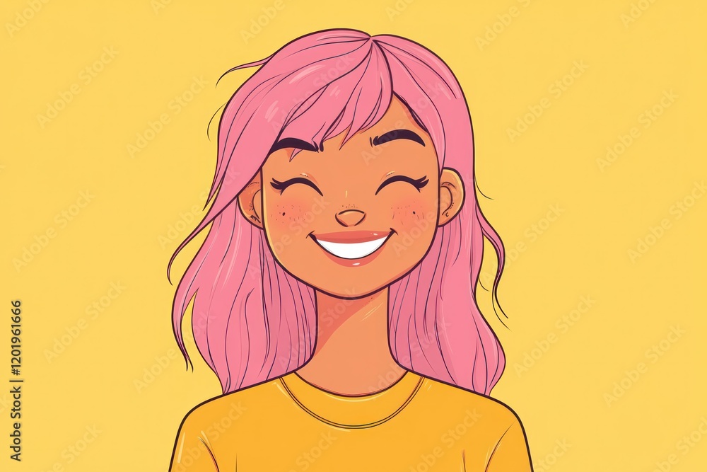 Cheerful Cartoon Character with Pink Hair and Smile Cheerful Cartoon Character with Pink Hair and Smile