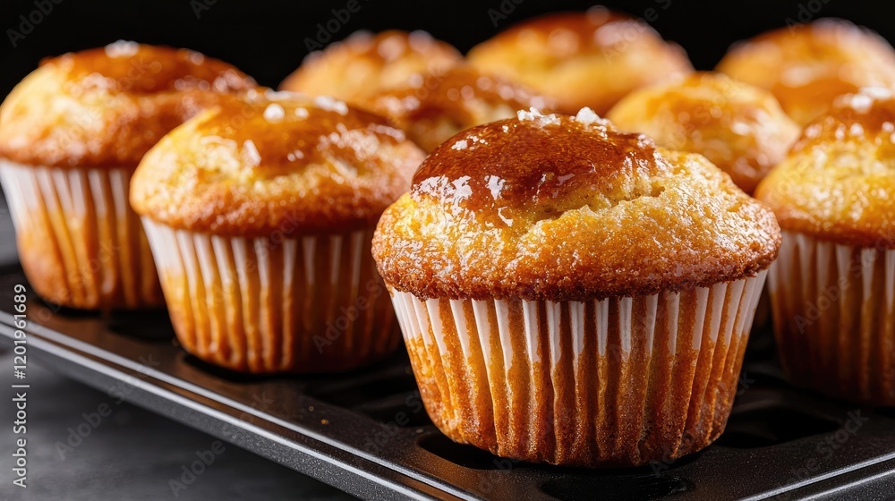 Golden muffins baking tray close-up, kitchen background, food photography, recipe website Golden muffins baking tray close-up, kitchen background, food photography, recipe website