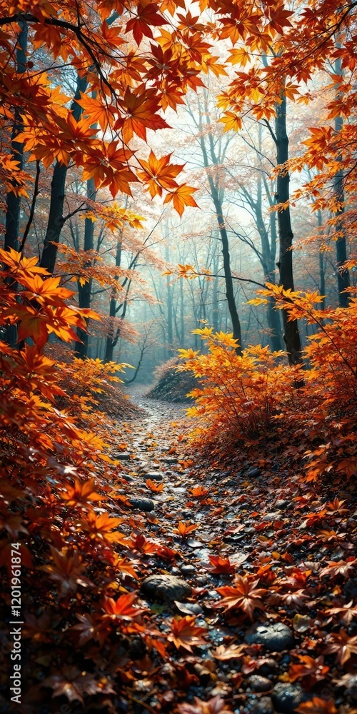 Naklejka premium Amber hues of wet autumn maple leaves on a morning forest floor, autumn, scenery