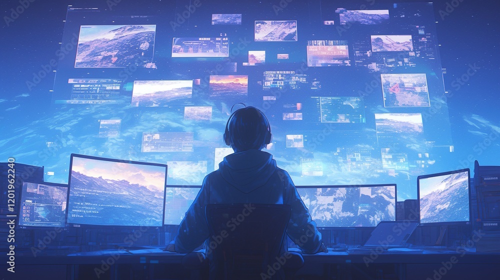 Person sits before multiple screens displaying data streams and digital imagery. Person sits before multiple screens displaying data streams and digital imagery.