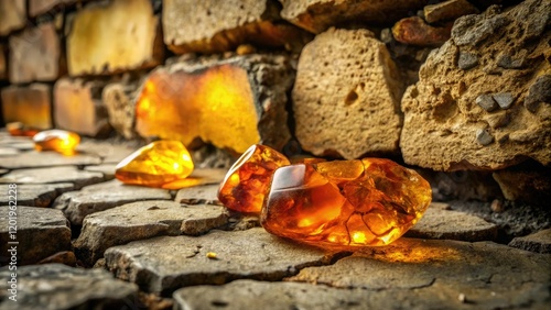 amber seeps from the cracks of an old stone foundation, museum, cracked, historical photo