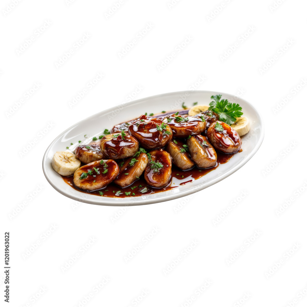 Sweet and Savory: A close-up of a beautifully plated dish featuring caramelized bananas with a rich, glossy glaze, garnished with fresh herbs. Sweet and Savory: A close-up of a beautifully plated dish featuring caramelized bananas with a rich, glossy glaze, garnished with fresh herbs.
