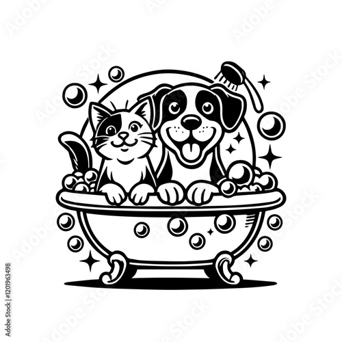 Creative logo design of dog and cat bathing in a bathtub with bubbles, happy, ideal for pet grooming brands.