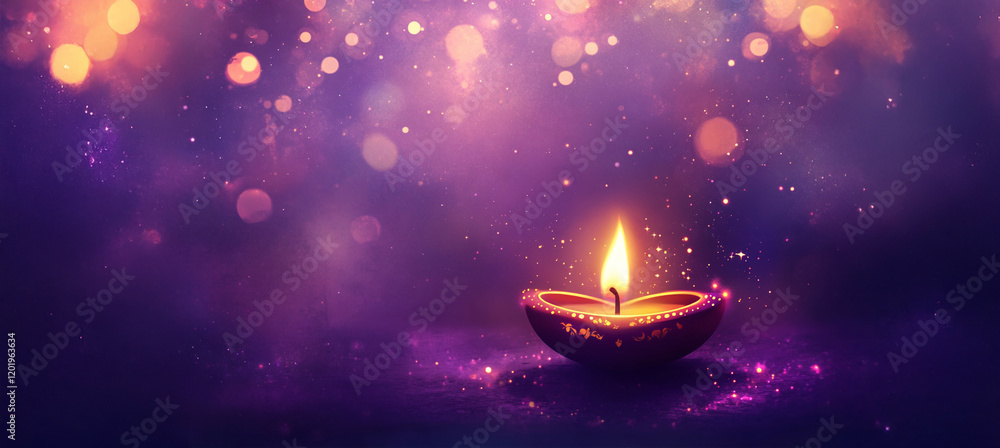 Lámpara de aceite encendida en fondo brillante y mágico, con chispas de luz y tonos púrpuras, simbolizando paz, espiritualidad y festividad Lámpara de aceite encendida en fondo brillante y mágico, con chispas de luz y tonos púrpuras, simbolizando paz, espiritualidad y festividad