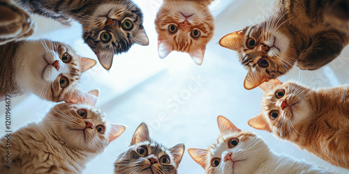 A group of adorable cats of various breeds and colors gathered in a circular formation, looking directly into the camera from above, with curious and playful expressions photo