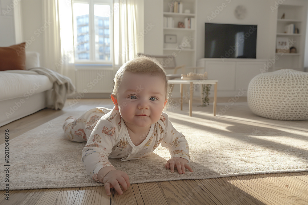 A baby is laying on the floor in a living room A baby is laying on the floor in a living room