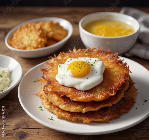 A bowl of sour cream resting beside a plate of crispy potato pancakes, both perfectly golden brown, side dishes, appealing contrast photo