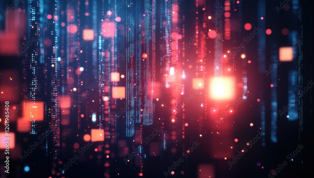 Abstract digital background featuring vibrant blue and red light particles cascading in a mesmerizing pattern, creating a futuristic and dynamic visual experience.