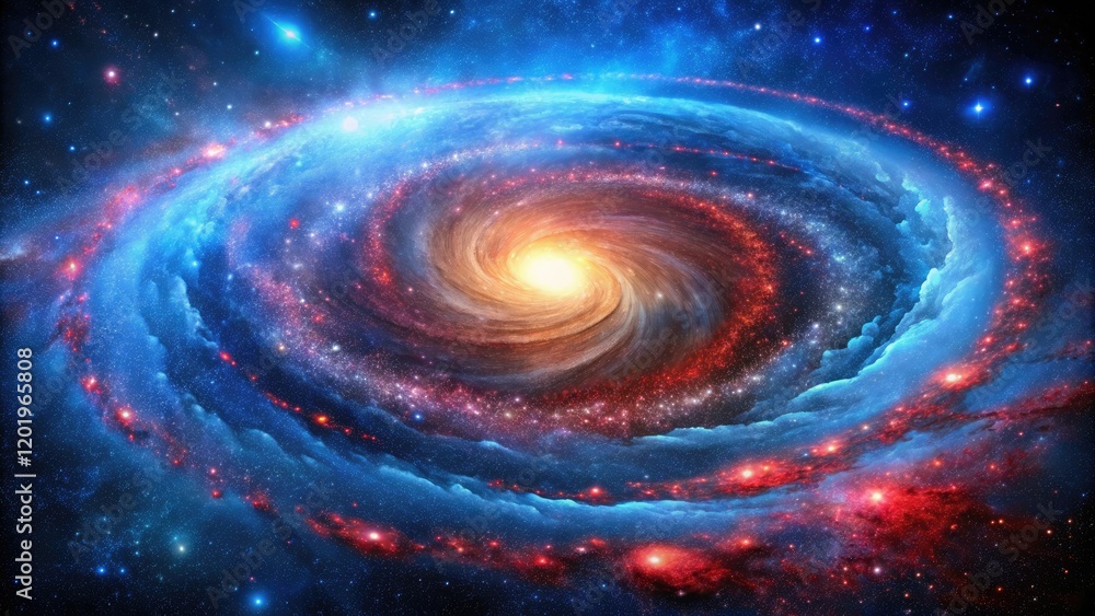 A breathtaking view of a spiral galaxy with vibrant blue and red colors, surrounded by a swarm of stars, starry night, infinite, astronomical phenomenon, celestial, cosmic A breathtaking view of a spiral galaxy with vibrant blue and red colors, surrounded by a swarm of stars, starry night, infinite, astronomical phenomenon, celestial, cosmic