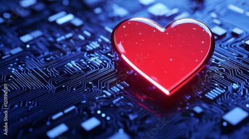 Digital Heart Shield: A Glowing Symbol - A red glowing heart-shaped shield rests on a circuit board, symbolizing digital love, online security, technological affection, data protection, and virtual co photo