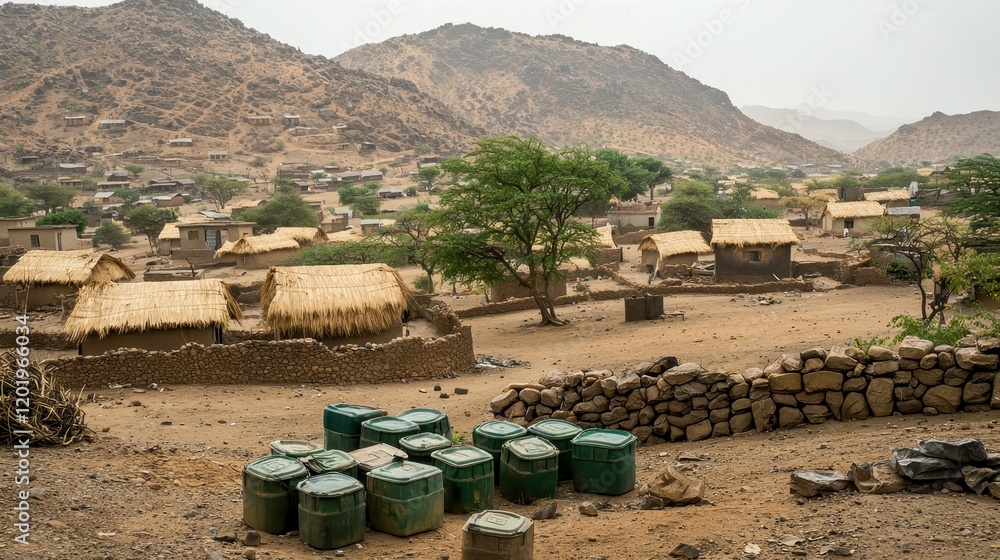 A serene landscape featuring traditional huts, green barrels, and surrounding mountains, showcasing rural life in a dry, earthy environment.