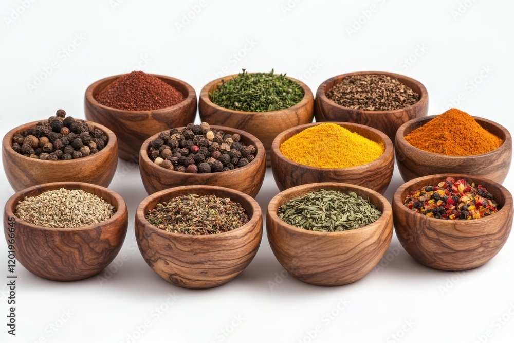 Assorted Vibrant Spices and Herbs in Wooden Bowls Assorted Vibrant Spices and Herbs in Wooden Bowls
