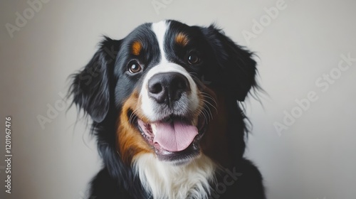 Happy Bernese Mountain Dog portrait, indoor studio shot. Pet photography for websites photo