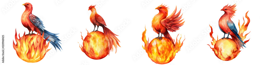 Fototapeta premium A series of stylized phoenixes, each depicted with vibrant flames and intricate details, symbolizing rebirth and transformation.