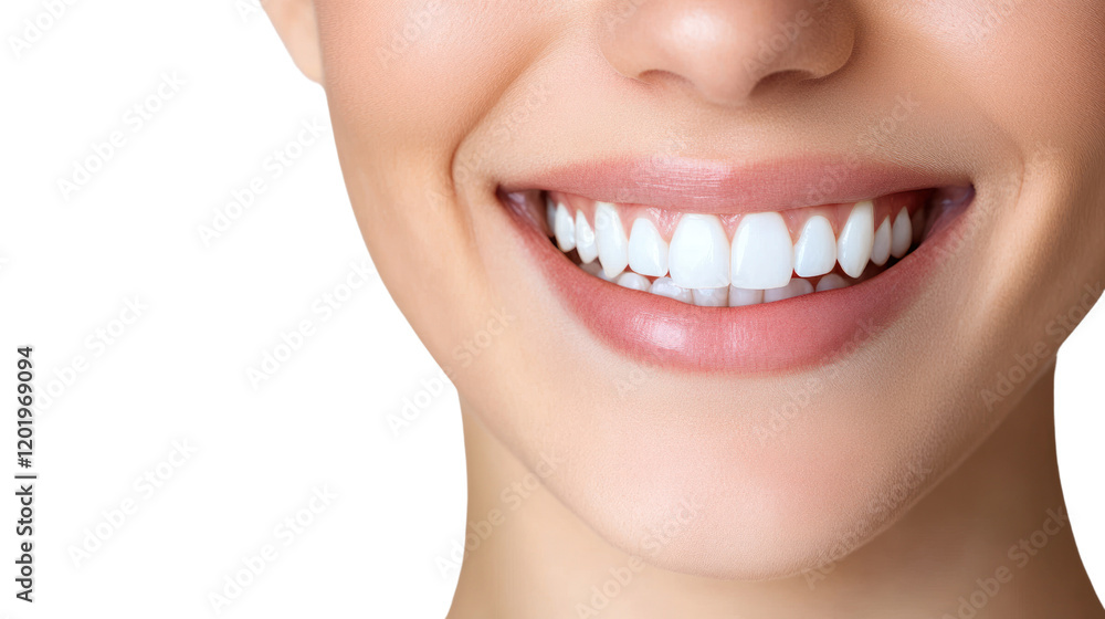 Obraz premium A close-up portrait of a smiling woman showcasing her perfect white teeth, exuding happiness and confidence, ideal for health and beauty concepts.