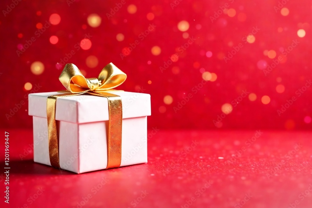 white gift box with gold bow on a bright red background bokeh, banner, space for text, copy space white gift box with gold bow on a bright red background bokeh, banner, space for text, copy space