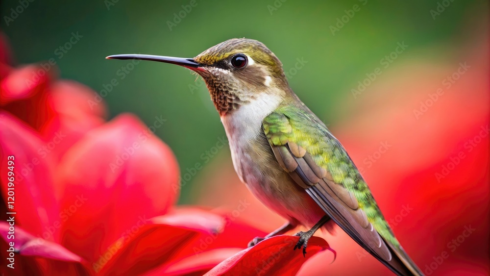 Fototapeta premium A close-up shot of a delicate hummingbird perched on a bright red flower petal, nature macro, insects, natural world, vibrant colors, flower petals
