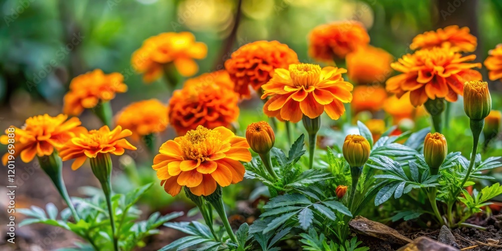 A cluster of orange marigolds and yellow daisies growing amidst the greenery of a forest floor, woodland blooms, nature scenes, autumn colors, wildflowers A cluster of orange marigolds and yellow daisies growing amidst the greenery of a forest floor, woodland blooms, nature scenes, autumn colors, wildflowers