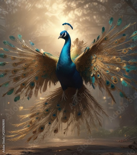 A stunning peacock with a radiant plumage and golden accents takes flight amidst a misty atmosphere, vibrant colors, misty scene, radiant plumage