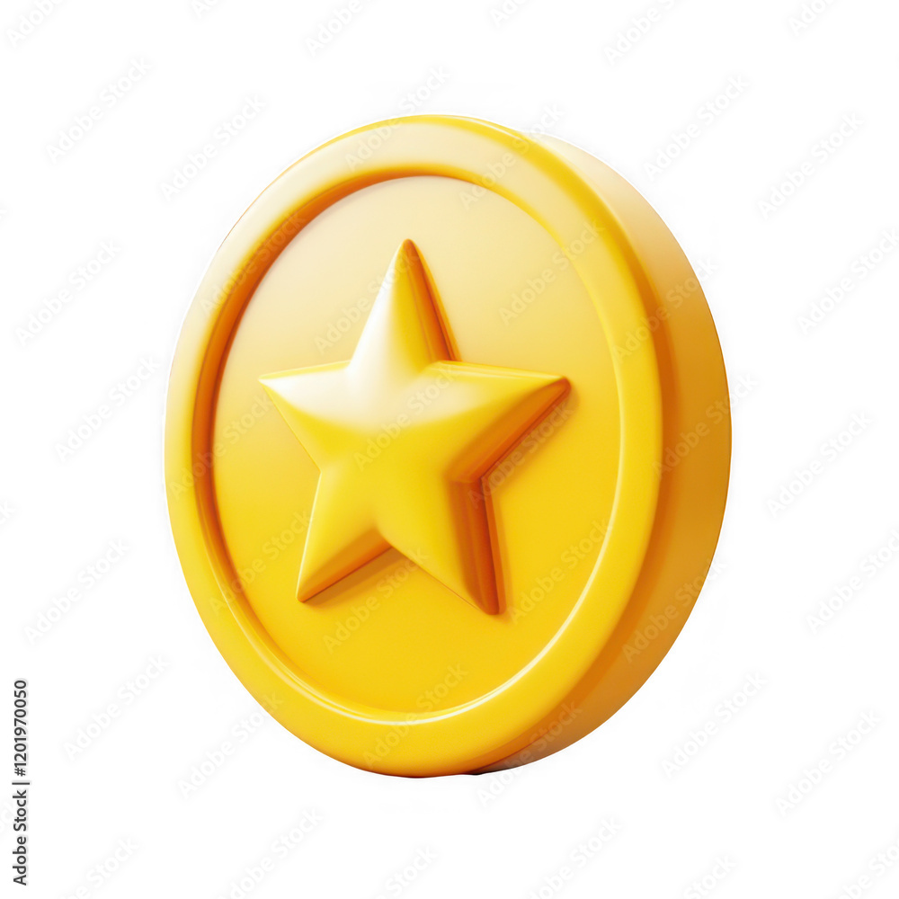 A 3D yellow game coin icon with a star, isolated on a transparent background.
A 3D yellow game coin icon with a star, isolated on a transparent background.