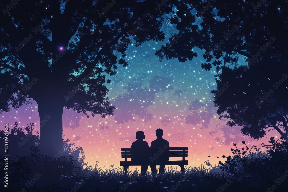 Silhouette of a Couple Sitting on a Bench Under a Starry Night Sky Surrounded by Trees and Glowing Stars in a Dreamlike Landscape Silhouette of a Couple Sitting on a Bench Under a Starry Night Sky Surrounded by Trees and Glowing Stars in a Dreamlike Landscape