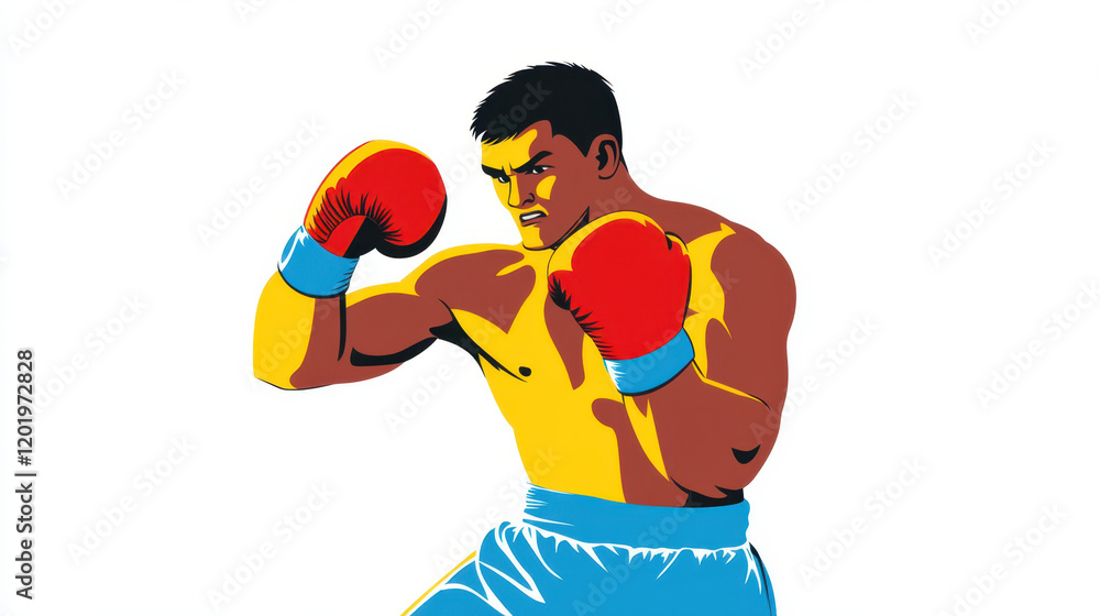 Dynamic boxer in powerful punching pose, showcasing strength and focus Dynamic boxer in powerful punching pose, showcasing strength and focus