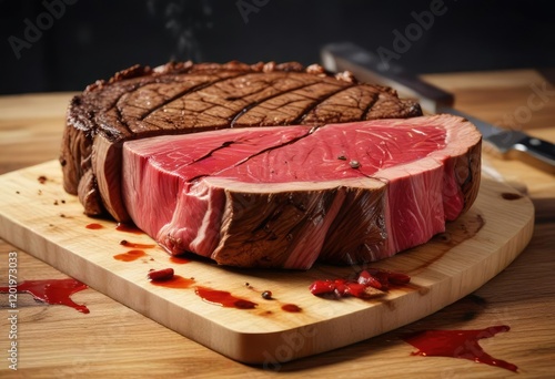 A thick steak with a bloody edge rests on a modern chopping block, food preparation, blood photo