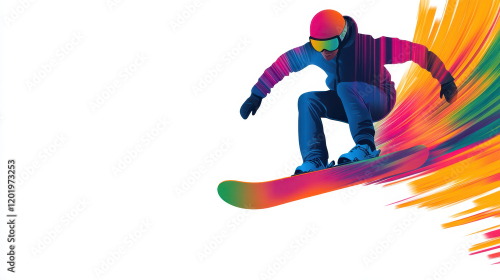 Obraz premium Dynamic snowboarder in vibrant colors, showcasing speed and excitement