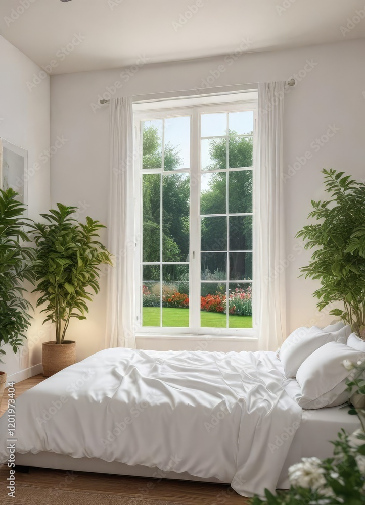 A large window behind a white linen bed frames the view of a peaceful garden outside, natural textiles , nature-inspired decor A large window behind a white linen bed frames the view of a peaceful garden outside, natural textiles , nature-inspired decor