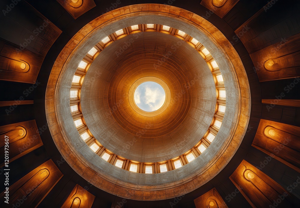 Awe-Inspiring Architectural Ceiling Design Featuring a Central Skylight Illuminated by Warm Ambient Lighting and a Symmetrical Pattern of Radiating Structural Elements Awe-Inspiring Architectural Ceiling Design Featuring a Central Skylight Illuminated by Warm Ambient Lighting and a Symmetrical Pattern of Radiating Structural Elements