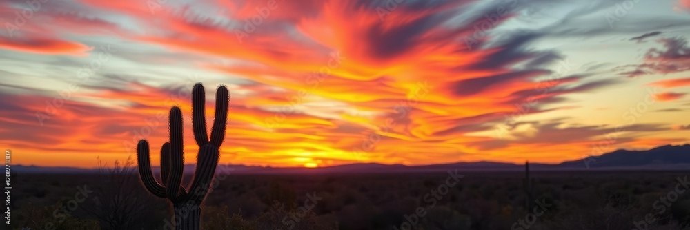 Obraz premium A lone cactus stands against the vibrant colors of the sky during a peaceful sunset, pink skies, sunset, orange hues