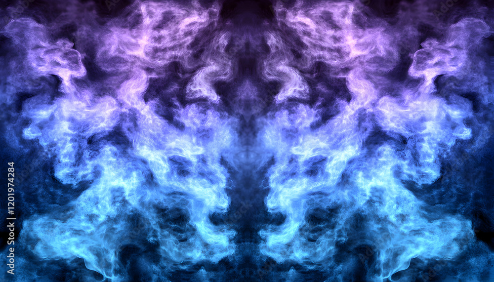 Abstract swirling blue and purple smoke pattern, symmetrical design, ideal for backgrounds, textures, and artistic projects. Abstract swirling blue and purple smoke pattern, symmetrical design, ideal for backgrounds, textures, and artistic projects.