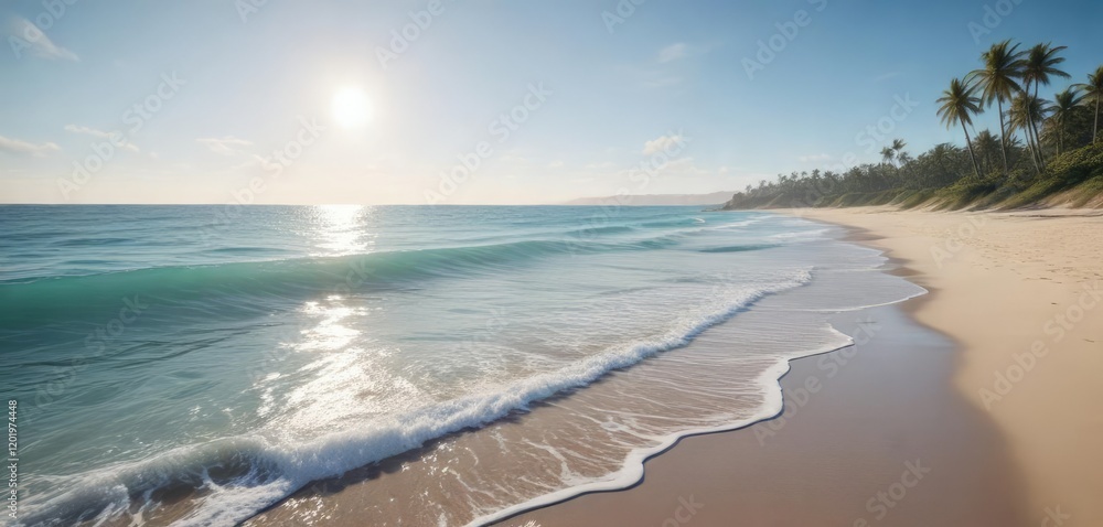 Fototapeta premium A tranquil blue ocean scene with gentle waves and a sandy beach in the background, calmness, wave, ocean