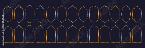 set golden Islamic frames. outline shape arches, gate, windows, domes of mosque